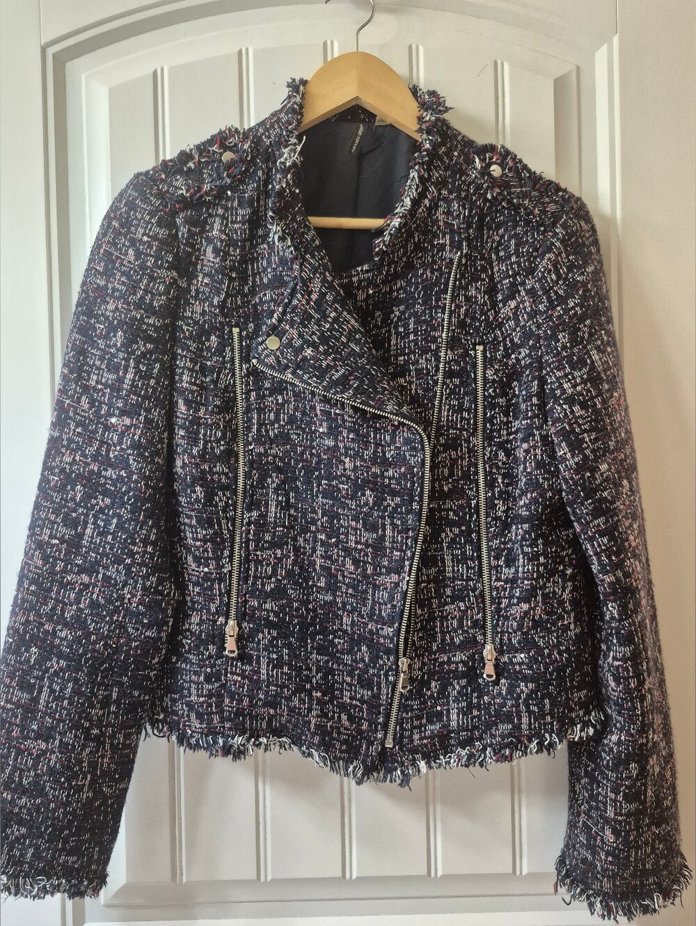 Womens Amanda Green Navy Multi Tweed Moto Jacket Size Medium